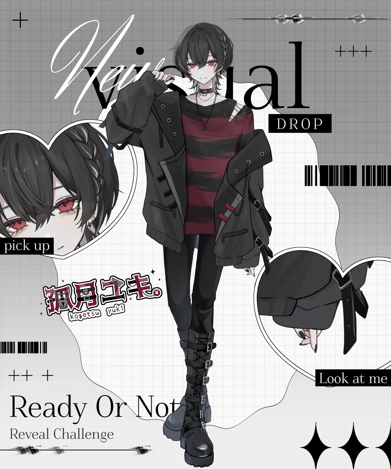 孤月ユキのキービジュアル。黒いジャケットに赤黒ボーダーのトップス、チェーンと首輪をつけた黒髪赤目の姿